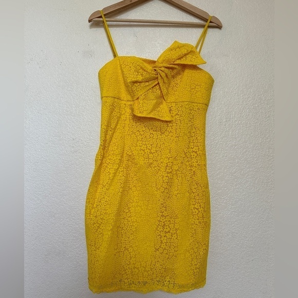 Trina Turk Bright Lace Crochet Mesh Yellow Twist Bow Bust Tank Cami Midi Dress - Picture 5 of 8